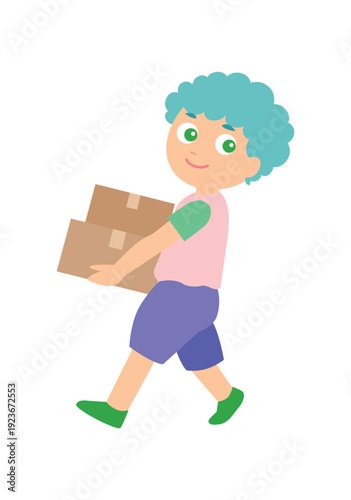 段ボールを運ぶ男の子のイラスト