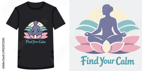 Colorful meditationinspired graphic design featuring a silhouette in lotus position with serene nature elements and calming text