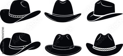 Cowboy hat silhouettes collection, western rodeo style headwear fashion illustration isolated design set