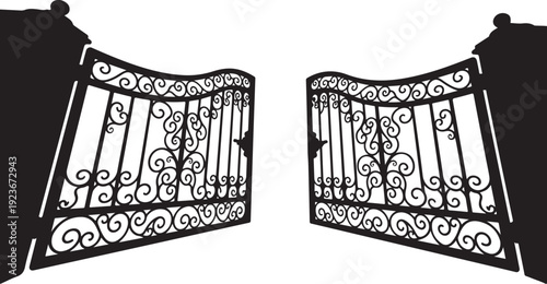 Ornate Iron Gate Swinging Open on White Background Silhouette
