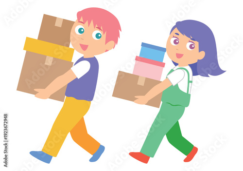 段ボールを運ぶ男女カップルのイラスト