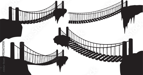 Set of suspension bridges with stairs and railings silhouette