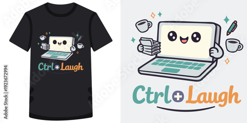 Cute and cheerful cartoon laptop character holding documents and coffee for a fun work vibe design illustration
