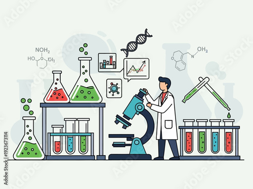 Scientist working in a laboratory with microscope and test tubes.