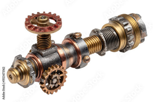 Steampunk mechanical device with gears and springs isolated on transparent background. Intricate steampunk pipe with gears and valve isolated on white background.