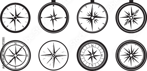 Set of various navigation compass rose symbols and directions