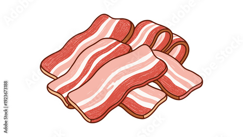 Flat Vector Illustration of Fresh Raw Bacon Strips Isolated on White Background