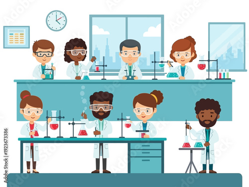 Diverse group of scientists conducting experiments in a modern laboratory setting.