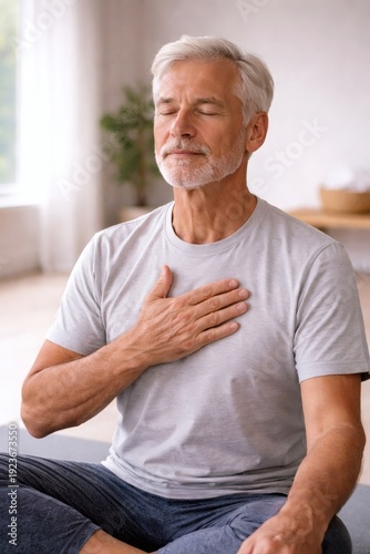 Wallpaper Mural Senior man sitting with eyes closed and hand on chest while practicing mindfulness breathing at home. Torontodigital.ca