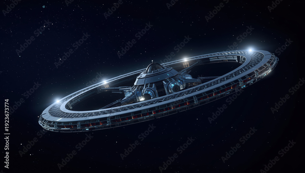 Obraz premium Futuristic space station ring with illuminated docking modules and dark starfield backdrop