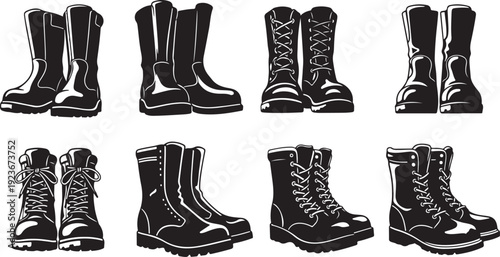 Collection of various black boots with laces and zippers