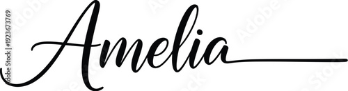 A elegant black cursive signature with the name Amelia on a white background