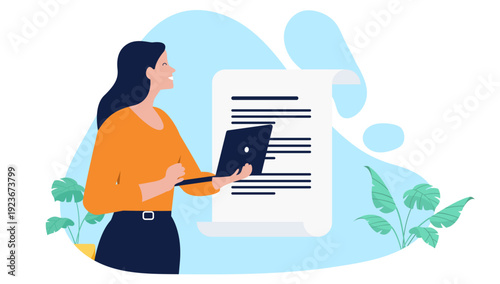 Professional businesswoman holding a laptop in front of a large scroll or legal document, concept of digital contracts, business agreement, and policy writing, flat design vector illustration