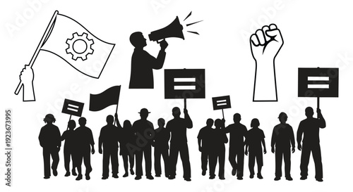 Black silhouettes of protesters isolated on transparent background with signs and megaphone