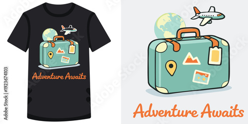 Cute and colorful travel themed tshirt design with suitcase globe and airplane illustration perfect for adventure lovers and vacation enthusiasts ready to explore the world