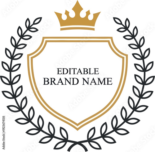 A luxurious crest logo with a crown and laurel wreath on a white background