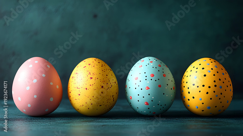 Colorful eggs sit in a row on a flat surface with a dark background while casting soft shadows in the afternoon light