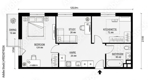 Detailed architectural floor plan of a modern residential house with multiple rooms and dimensions.