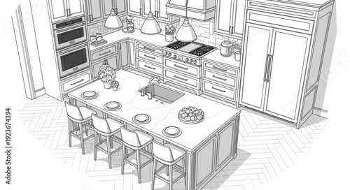 Detailed kitchen design with island and modern appliances, drawing style.