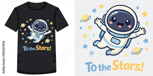 Cute cartoon astronaut character floating in space with cheerful expression and planets stars around perfect for spacethemed designs and children apparel