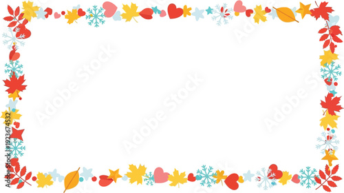 A colorful floral border frame with leaves and hearts on a white background