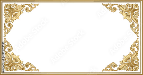 A gold ornate frame with intricate designs on a white background