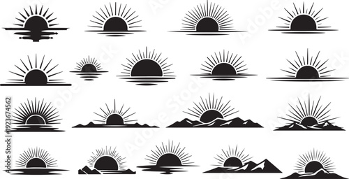 Collection of black sun icons on white background various