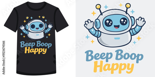 Cute cartoon astronaut robot character waving with cheerful expression and stars around perfect for happy moods and spacethemed designs on tshirts and posters