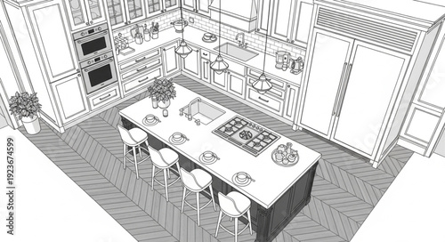 Modern kitchen island with seating and built-in stovetop design.