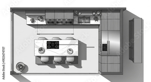 Modern kitchen design with island and appliances, top-down view, minimalist style.