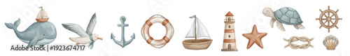Ocean travel watercolor elements: sailboat, lighthouse, anchor, whale, ropes. Collection of Vector illustrations. Perfect for invitation, card, poster, banner, decoration
