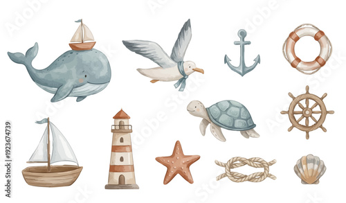 Watercolor nautical clipart set: whale, seagull, turtle, anchor, boat, shells. Collection of Vector illustrations. Perfect for invitation, card, poster, banner, decoration