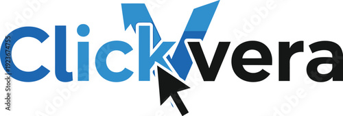 A logo for ClickVera with a blue and black design on a white background