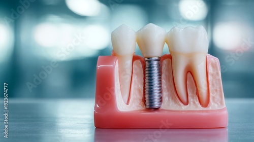 Wallpaper Mural Dental implant with crown shown between natural teeth in gum model, demonstrating tooth replacement and modern dentistry treatment. Torontodigital.ca