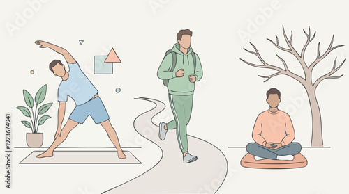 Man practicing yoga running and meditating outdoors.