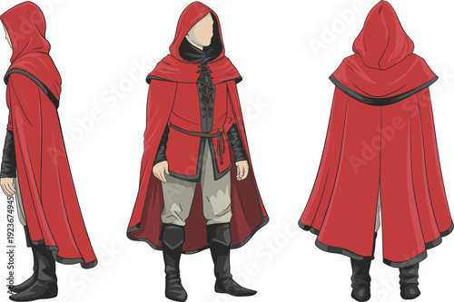 Red hooded cloak character design, medieval fantasy rogue outfit costume illustration isolated on white background