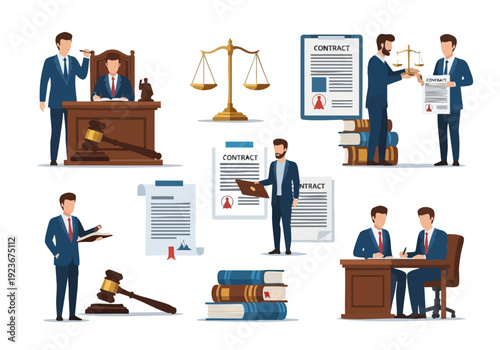 Legal Professionals and Courtroom Scenes Illustration Set.