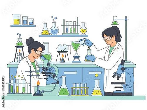 Two scientists working in a laboratory with microscopes and beakers.