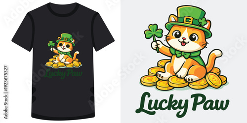 Cute cartoon cat wearing a leprechaun hat and green bow tie sitting on gold coins for st patricks day celebration design