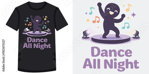 Cute cartoon character dancing happily on a stage with colorful music notes and lights perfect for party and dancethemed designs and apparel prints