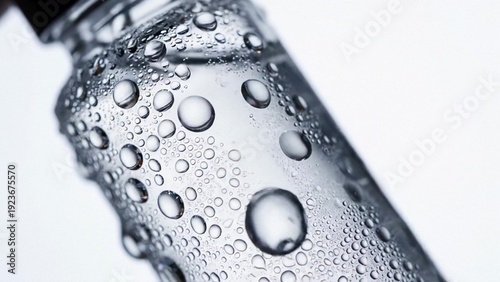 Close up of chilled glass bottle with water droplets, clean studio product background for beverage advertising and packaging, fresh cool hydration mood for summer