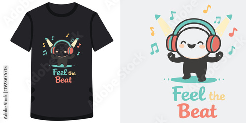 Cute cartoon character wearing headphones dancing and enjoying music illustration on tshirt design with feel the beat text perfect for music lovers and fun apparel designs