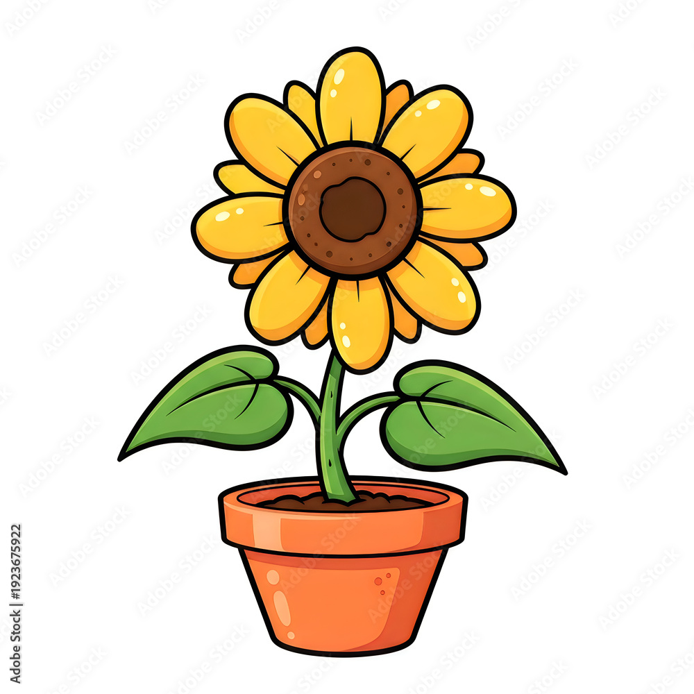 Fototapeta premium A cheerful sunflower in a terracotta pot with green leaves and a brown center