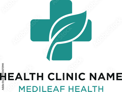 A health clinic logo with a green cross and leaf on a white background