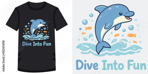 Cute cartoon dolphin jumping with colorful fish and bubbles design for fun summer activities and water sports apparel