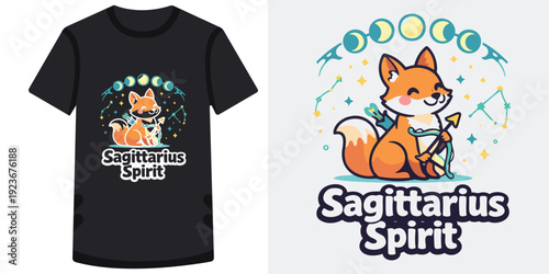 Cute cartoon fox with sagittarius zodiac theme holding a bow and arrow surrounded by stars and moons on a stylish tshirt design