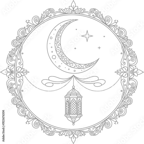 A beautiful illustration of a crescent moon and lantern in a decorative frame