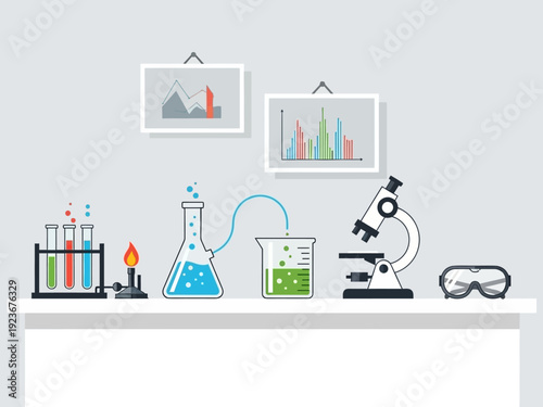 Laboratory equipment and scientific experiments on a shelf.