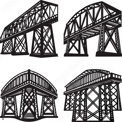 Steel bridge structure silhouettes, industrial truss construction architecture infrastructure illustration isolated design collection set