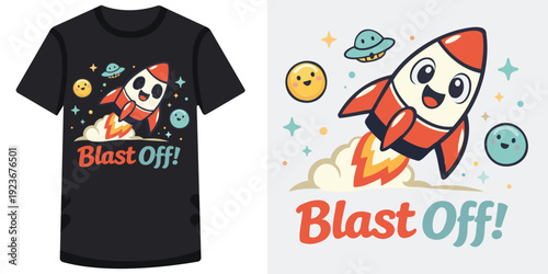 Cute cartoon rocket blasting off into space with happy faces and colorful planets around it on a fun tshirt design